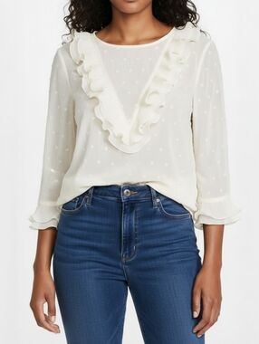 NWT J.O.A Swiss Dot Ruffle Blouse - Sheer Ivory Revolve Top Size XS